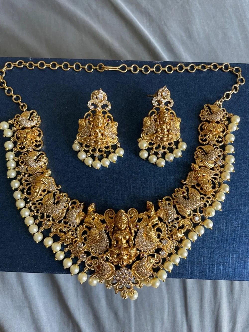 Traditional Gold-Tone Temple Necklace Set with Pearl Drops
